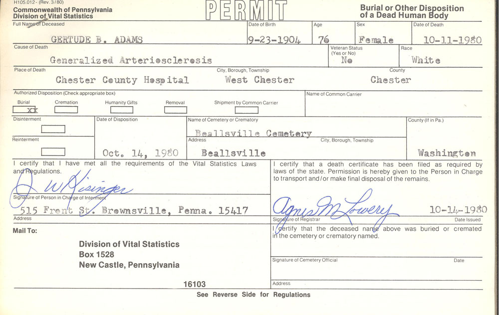 Gertrude Adams burial permit